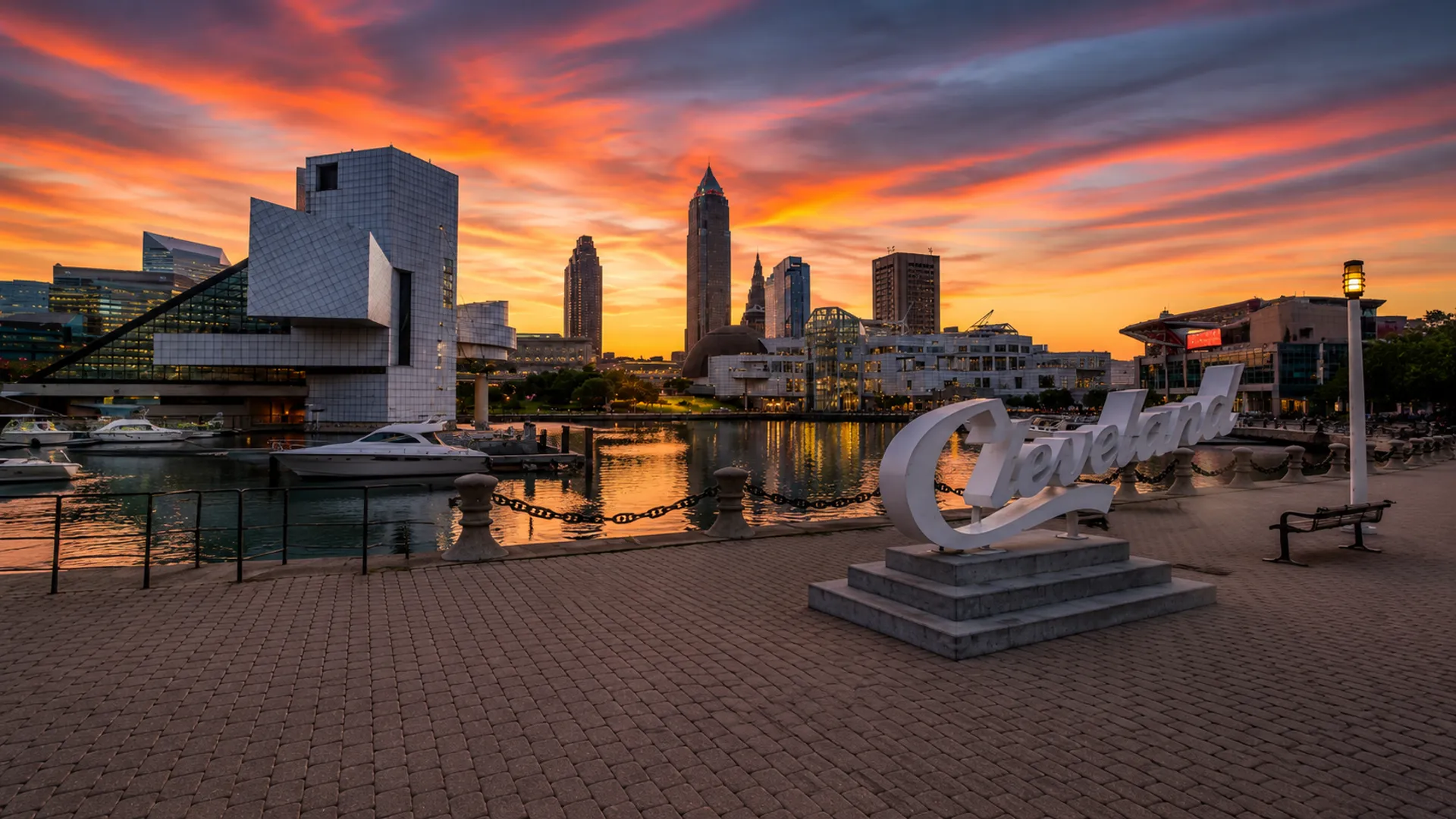Cleveland script sign on the North Coast Harbor waterfront at sunset, our home service area