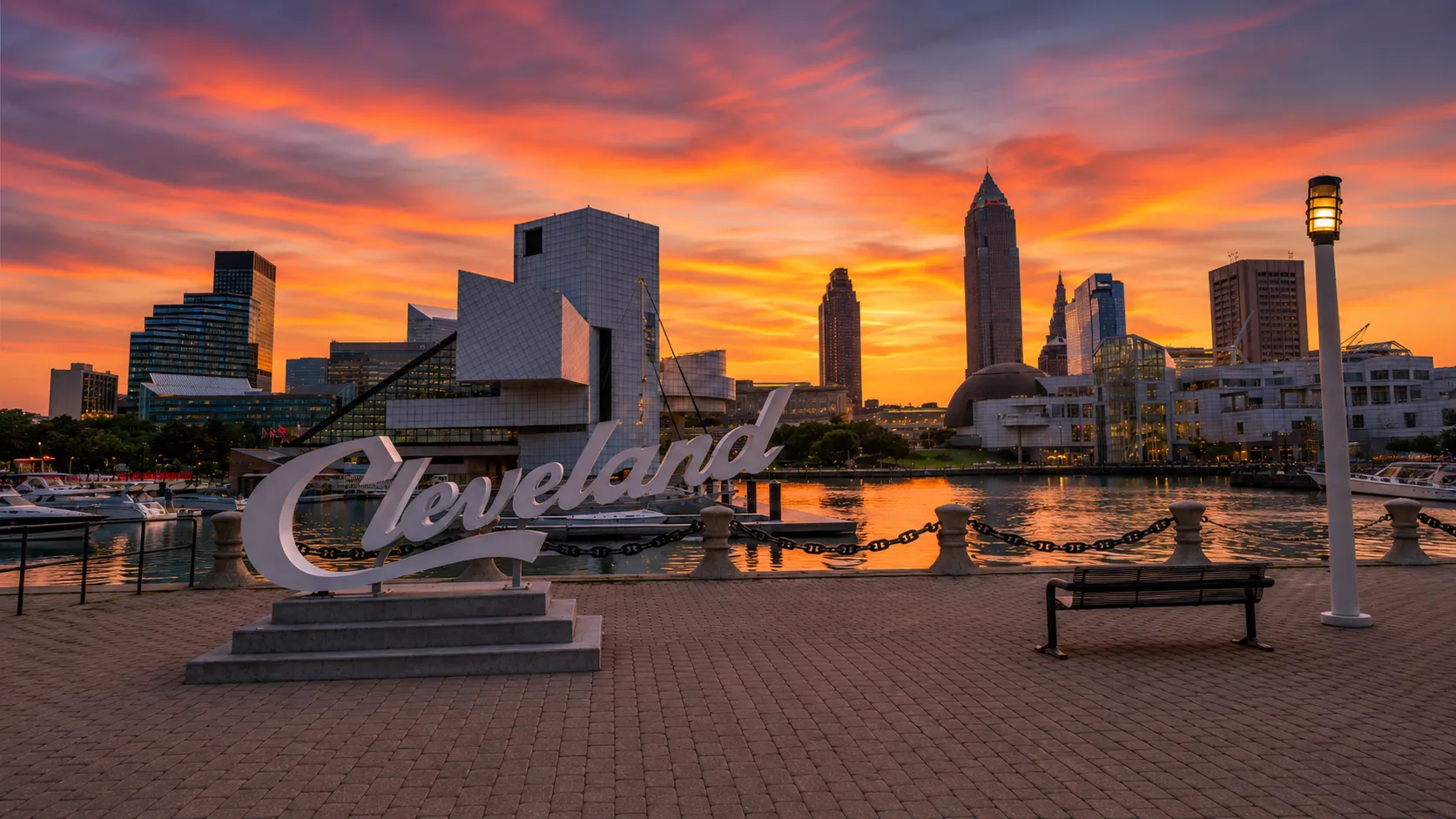 Cleveland skyline at sunset over Lake Erie, our home service area